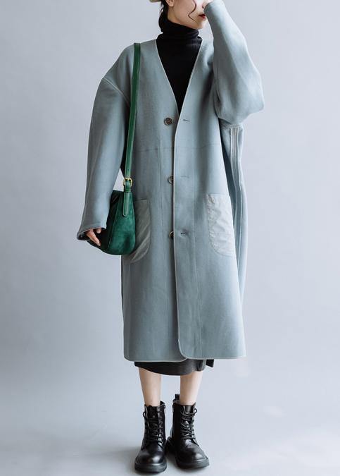 Luxury  oversize Coats winter  women coats blue v neck Button Down Woolen Coat