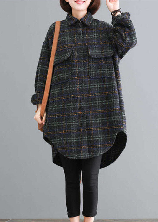 Luxury Blue Green Plaid Pockets Button Fall Thick Long sleeve Coat