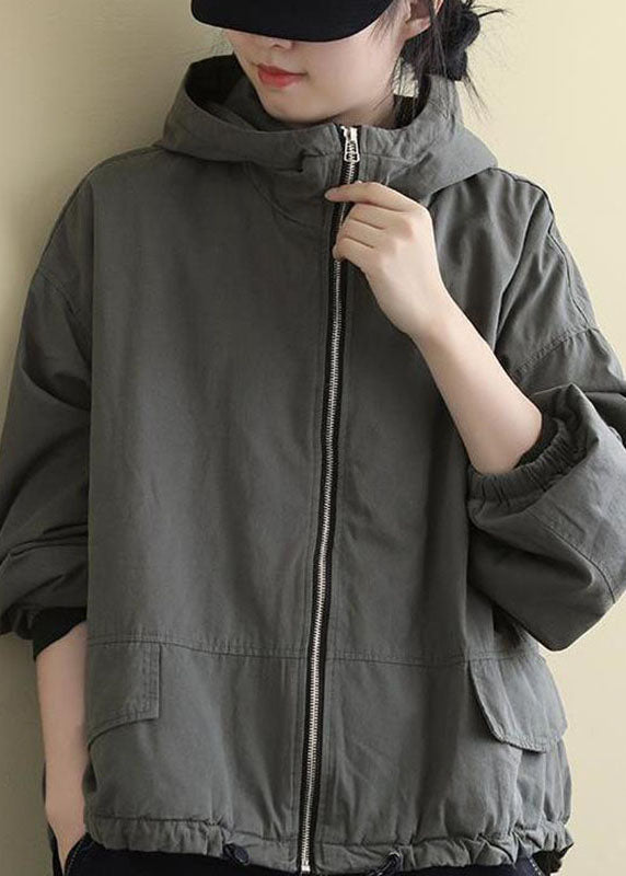 Luxury Grey hooded Loose drawstring Winter Cotton Coats Long sleeve