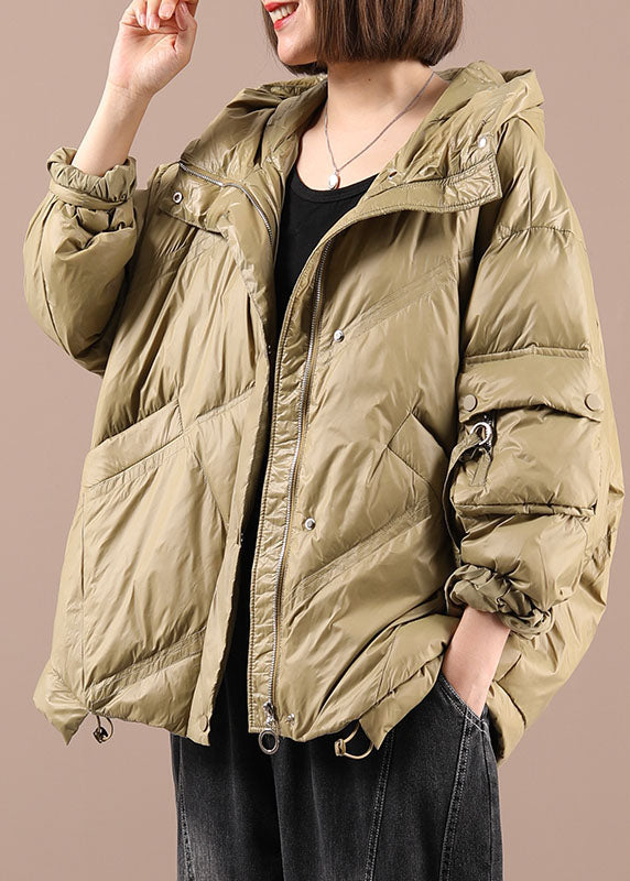 Luxury Khaki Loose Zippered Winter Duck Down Long sleeve Down Coat