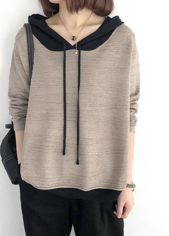 Luxury Khaki hooded drawstring Patchwork Fall Knit Sweatshirts Top