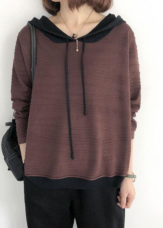 Luxury Khaki hooded drawstring Patchwork Fall Knit Sweatshirts Top