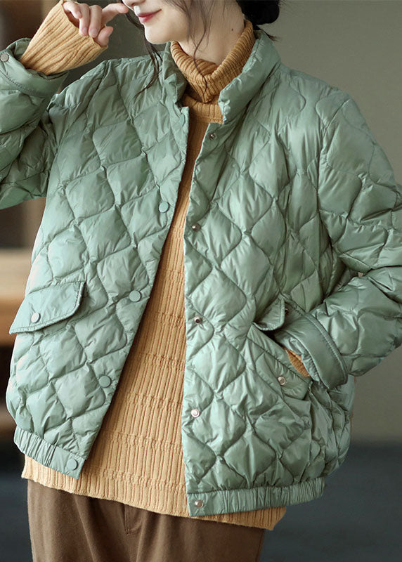 Luxury Light Green Stand Collar Pockets Button Winter Down Coat