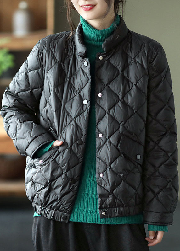 Luxury Light Green Stand Collar Pockets Button Winter Down Coat