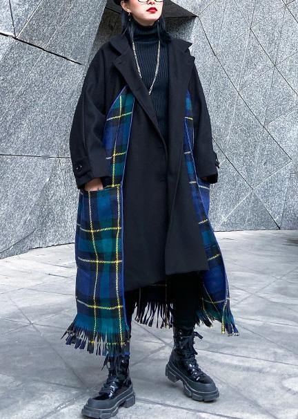 Luxury Loose fitting Jackets & Coats patchwork coat blue plaid tassel woolen outwear