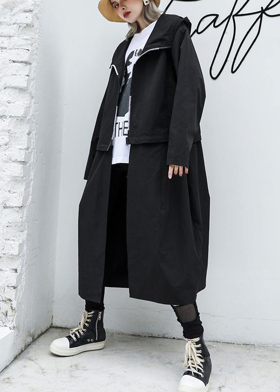 Luxury Loose fitting long hooded outwear black patchwork pockets coats