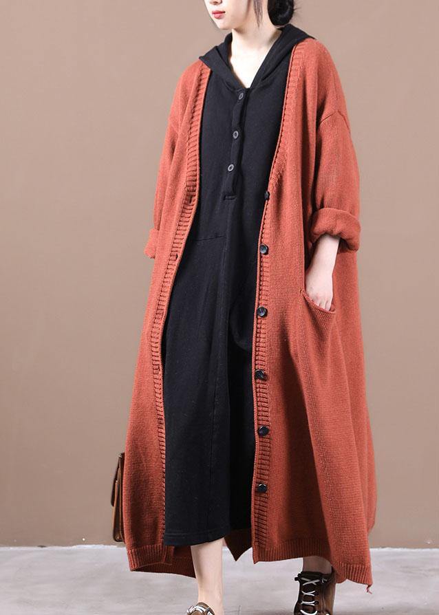 Luxury Orange Red Pockets Fall Long Knit Coat