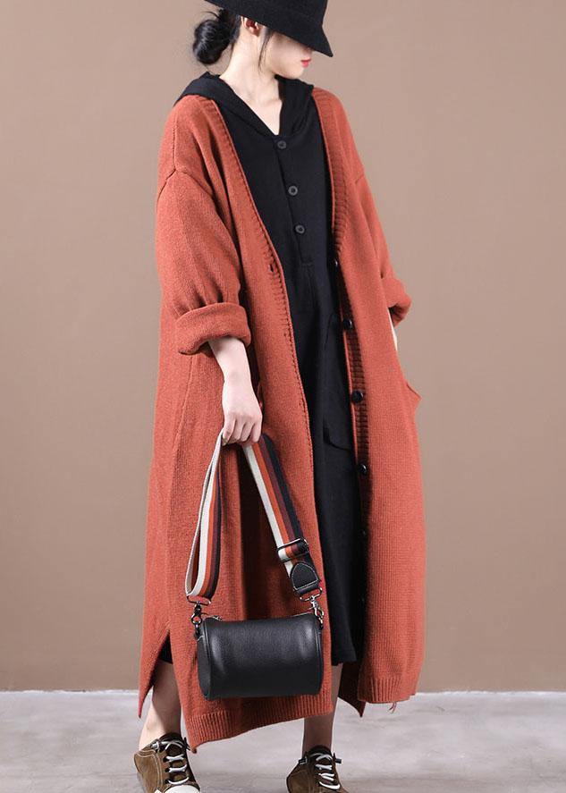 Luxury Orange Red Pockets Fall Long Knit Coat