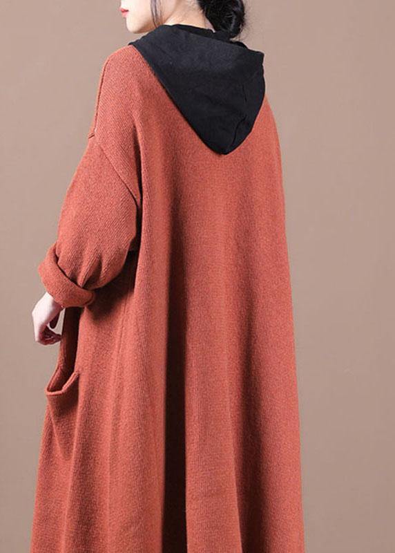 Luxury Orange Red Pockets Fall Long Knit Coat