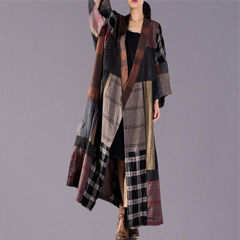 Luxury Plaid long coat plus size V neck baggy trench coat boutique tie waist patchwork long jackets