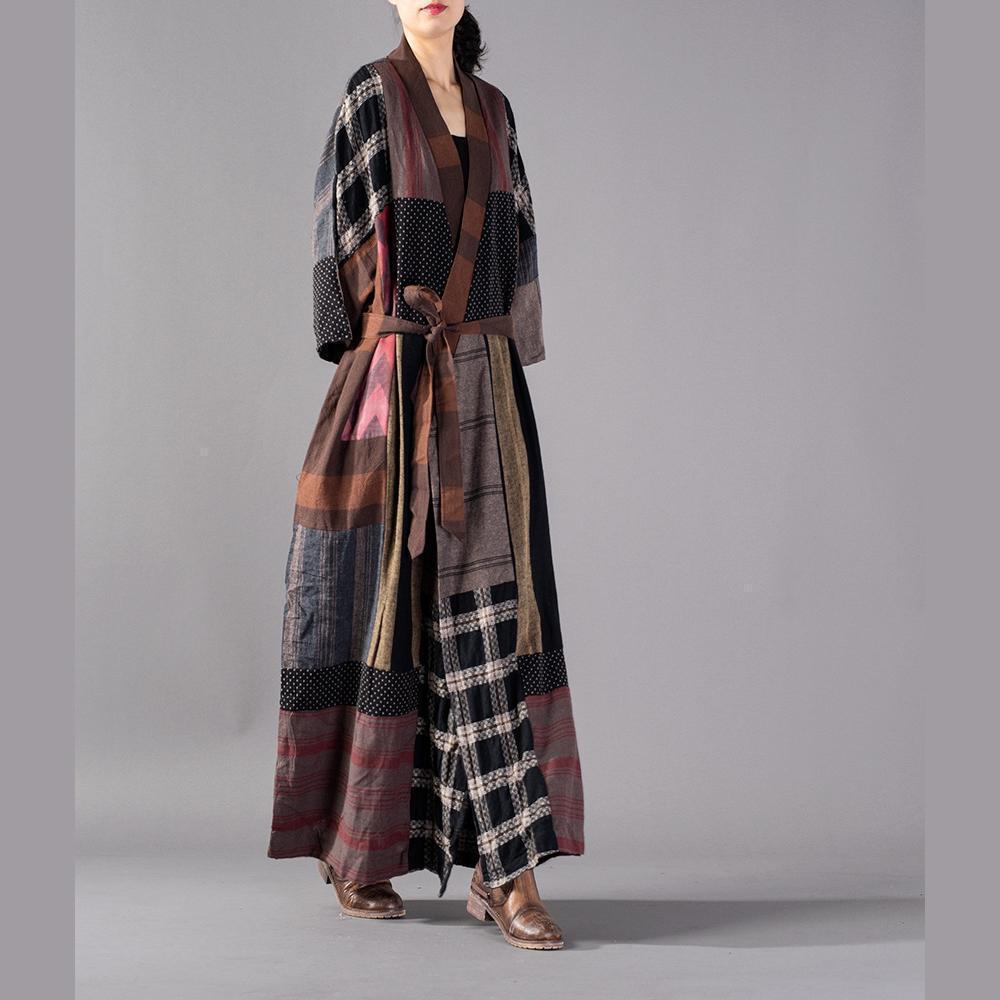 Luxury Plaid long coat plus size V neck baggy trench coat boutique tie waist patchwork long jackets