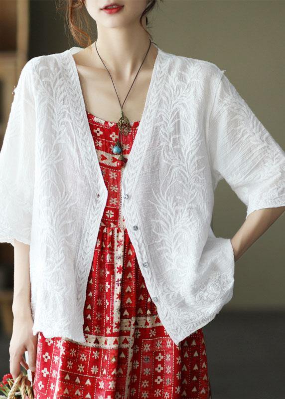 Luxury White Cotton V Neck Embroideried Floral Half Sleeve Tops