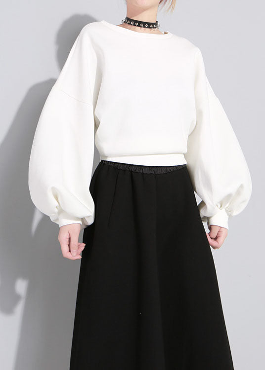 Luxury White O-Neck Bow Asymmetrical design Fall Loose Sweatshirts Top