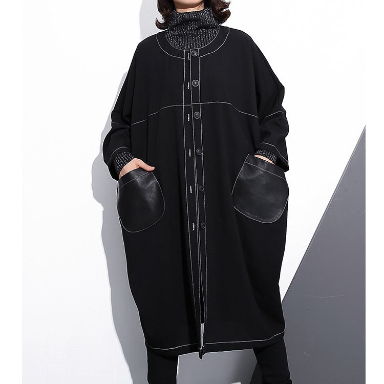 Luxury black maxi coat plus size o neck baggy boutique pockets coats