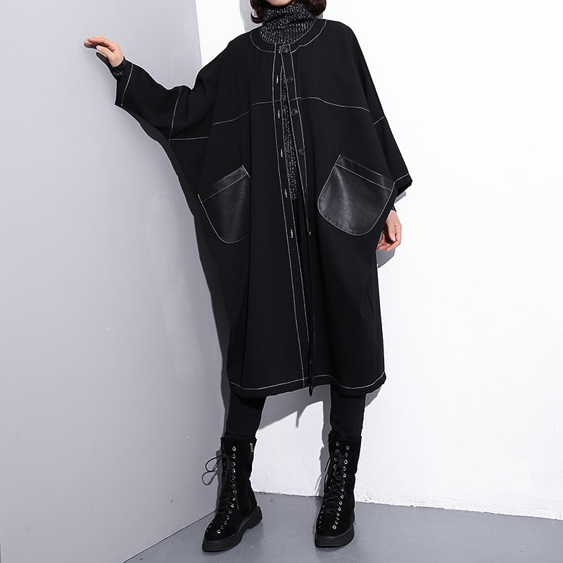 Luxury black maxi coat plus size o neck baggy boutique pockets coats