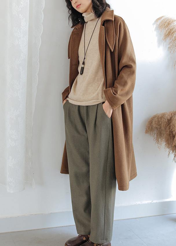 Luxury brown wool coat for woman oversize pockets Notched Coats