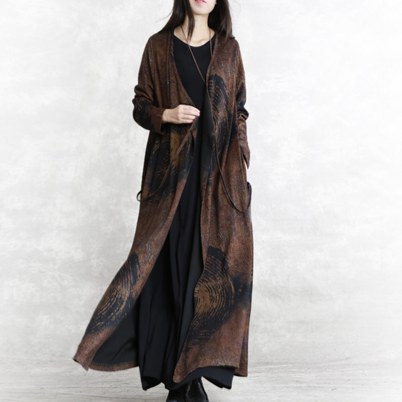 Luxury chocolate print Winter coat plus size V neck asymmetrical design Coats women long sleeve two ways to wear Coats