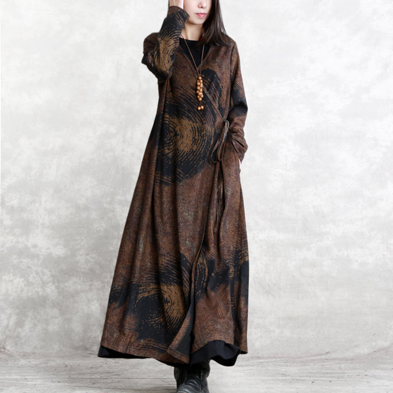 Luxury chocolate print Winter coat plus size V neck asymmetrical design Coats women long sleeve two ways to wear Coats