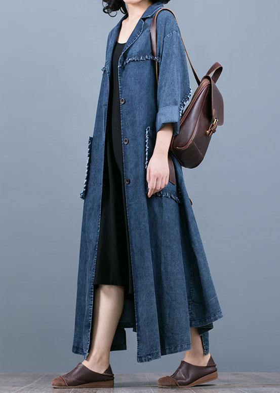 Luxury denim blue coat oversize fall coat Notched Large pockets Coats