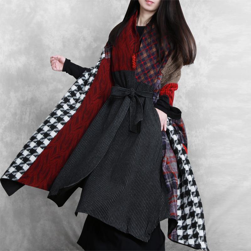 Luxury floral Woolen Coat Women Loose fitting v neck patchwork tie waist maxi coat