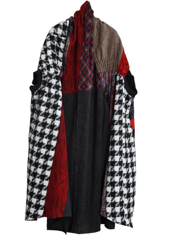 Luxury floral Woolen Coat Women Loose fitting v neck patchwork tie waist maxi coat