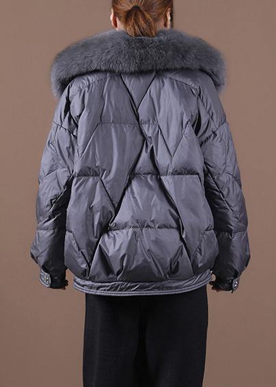 Luxury gray down jacket woman Loose fitting winter fur collar zippered hooded New Jackets