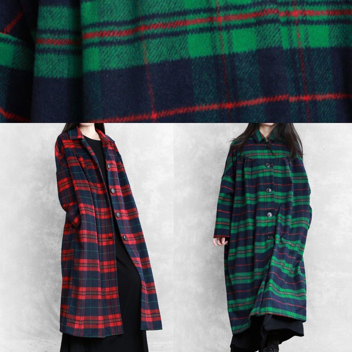 Luxury green plaid wool coat for woman casual Coats women Notched pockets coats