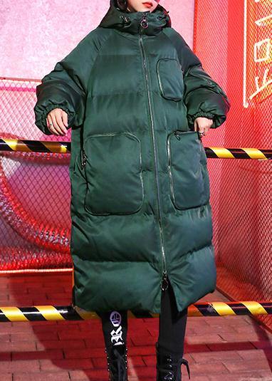 Luxury green winter parkas Loose fitting snow jackets winter hooded zippered coats