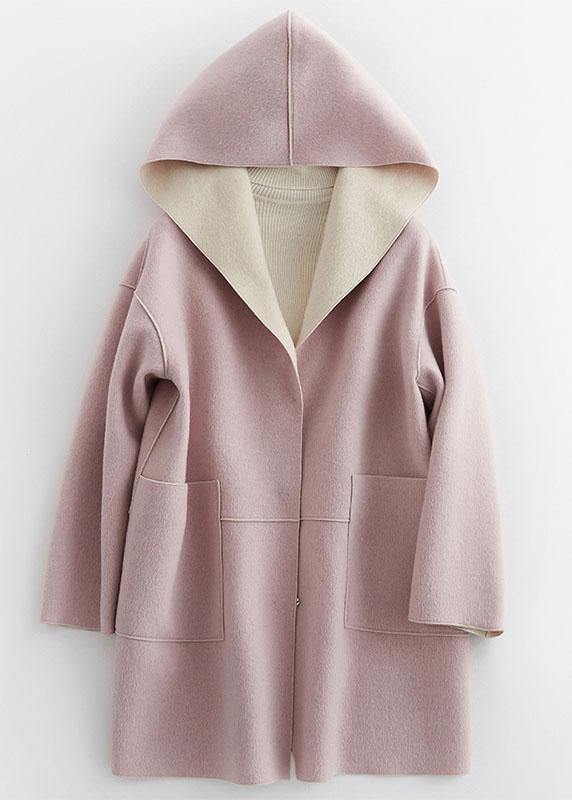 Luxury oversize winter coat hooded woolen outwear pink pockets wool coat