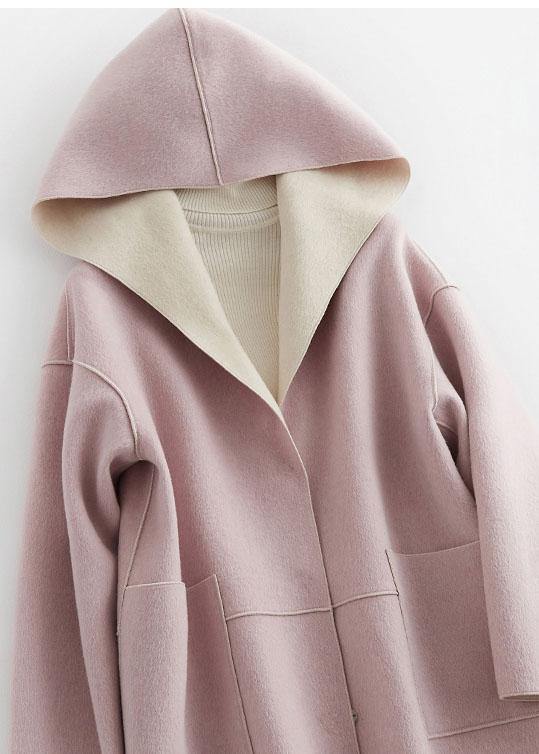 Luxury oversize winter coat hooded woolen outwear pink pockets wool coat