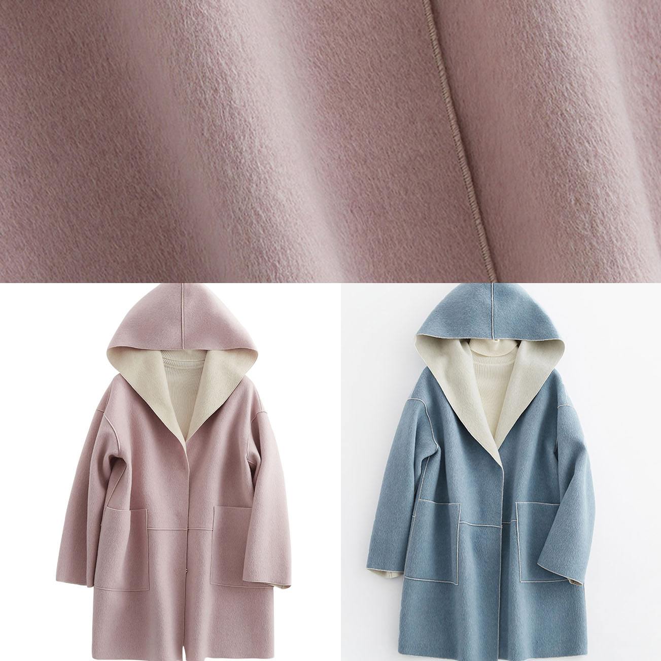 Luxury oversize winter coat hooded woolen outwear pink pockets wool coat