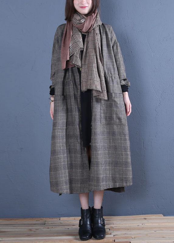 Luxury oversized long winter coat fall gray plaid drawstring coat