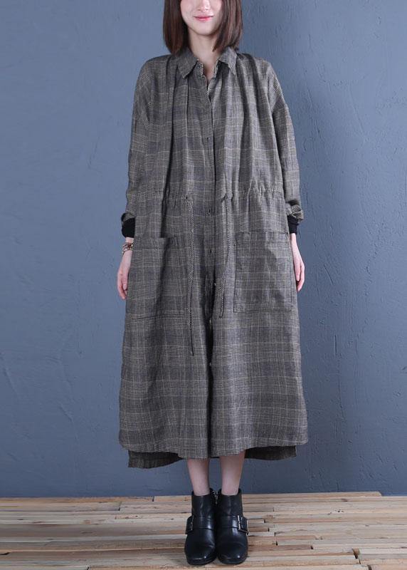 Luxury oversized long winter coat fall gray plaid drawstring coat