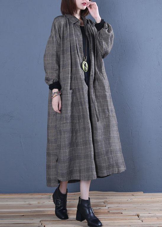 Luxury oversized long winter coat fall gray plaid drawstring coat