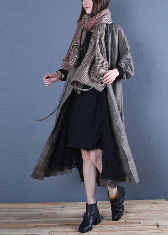 Luxury oversized long winter coat fall gray plaid drawstring coat