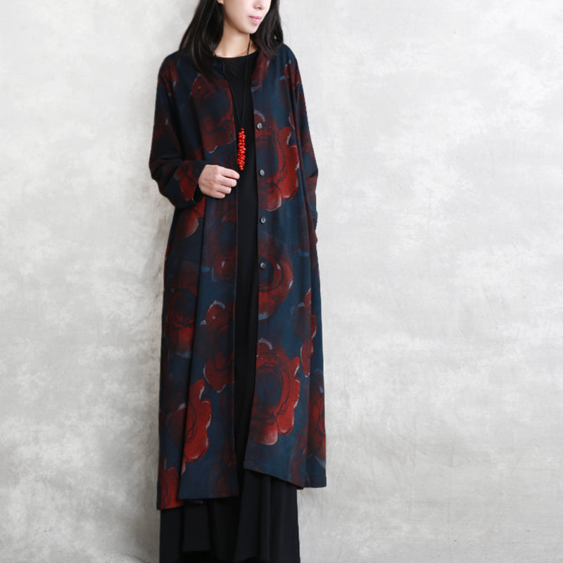 Luxury print cotton blended Coat oversize pockets outwear Fashion long sleeve baggy trench coat