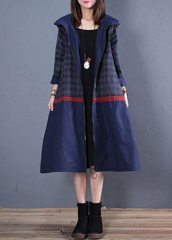 Luxury trendy plus size maxi coat fall blue hooded patchwork Coat