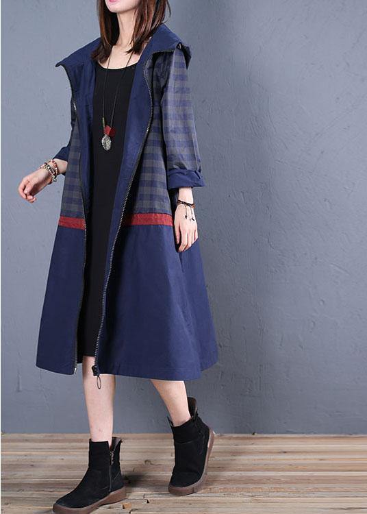 Luxury trendy plus size maxi coat fall blue hooded patchwork Coat