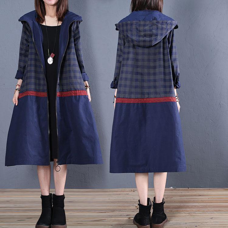 Luxury trendy plus size maxi coat fall blue hooded patchwork Coat