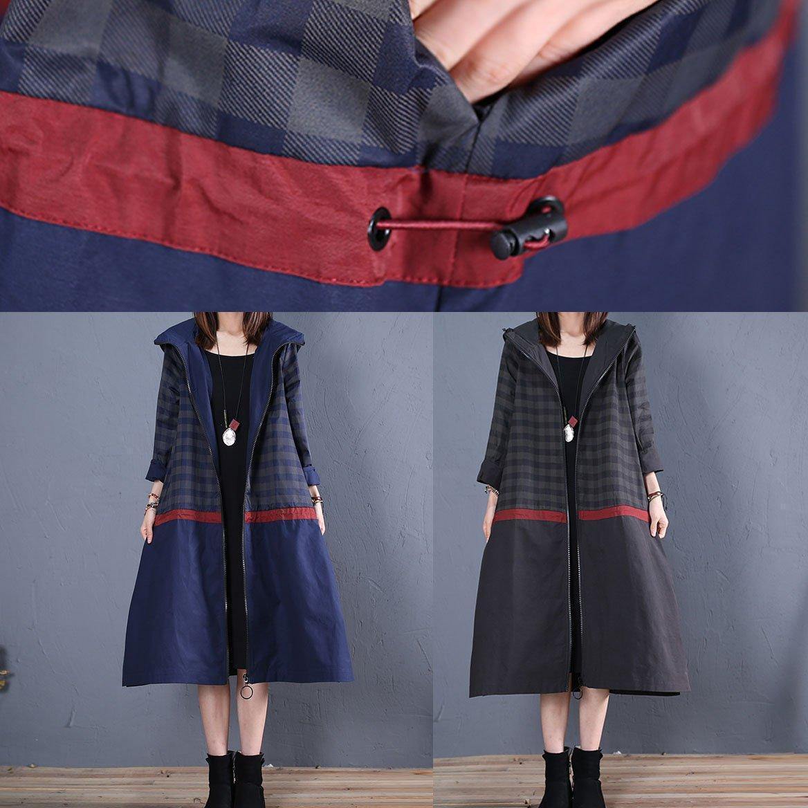 Luxury trendy plus size maxi coat fall blue hooded patchwork Coat