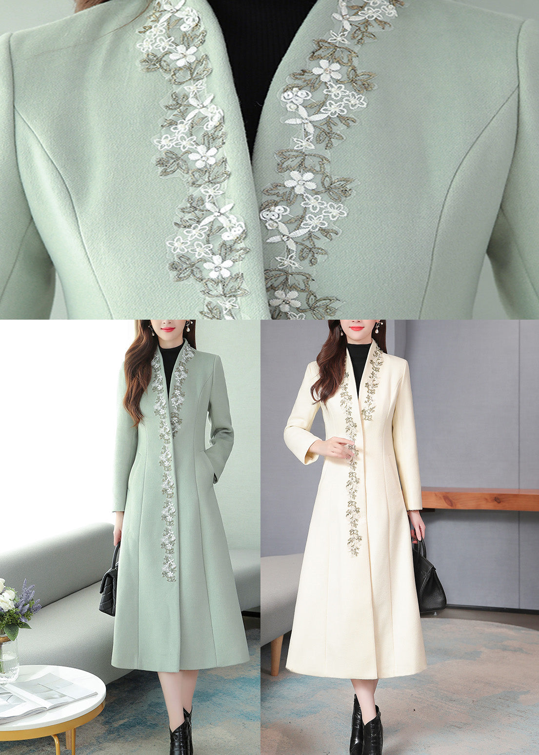 Mint Green Embroideried Floral Woolen Maxi Trench Coat Long Sleeve