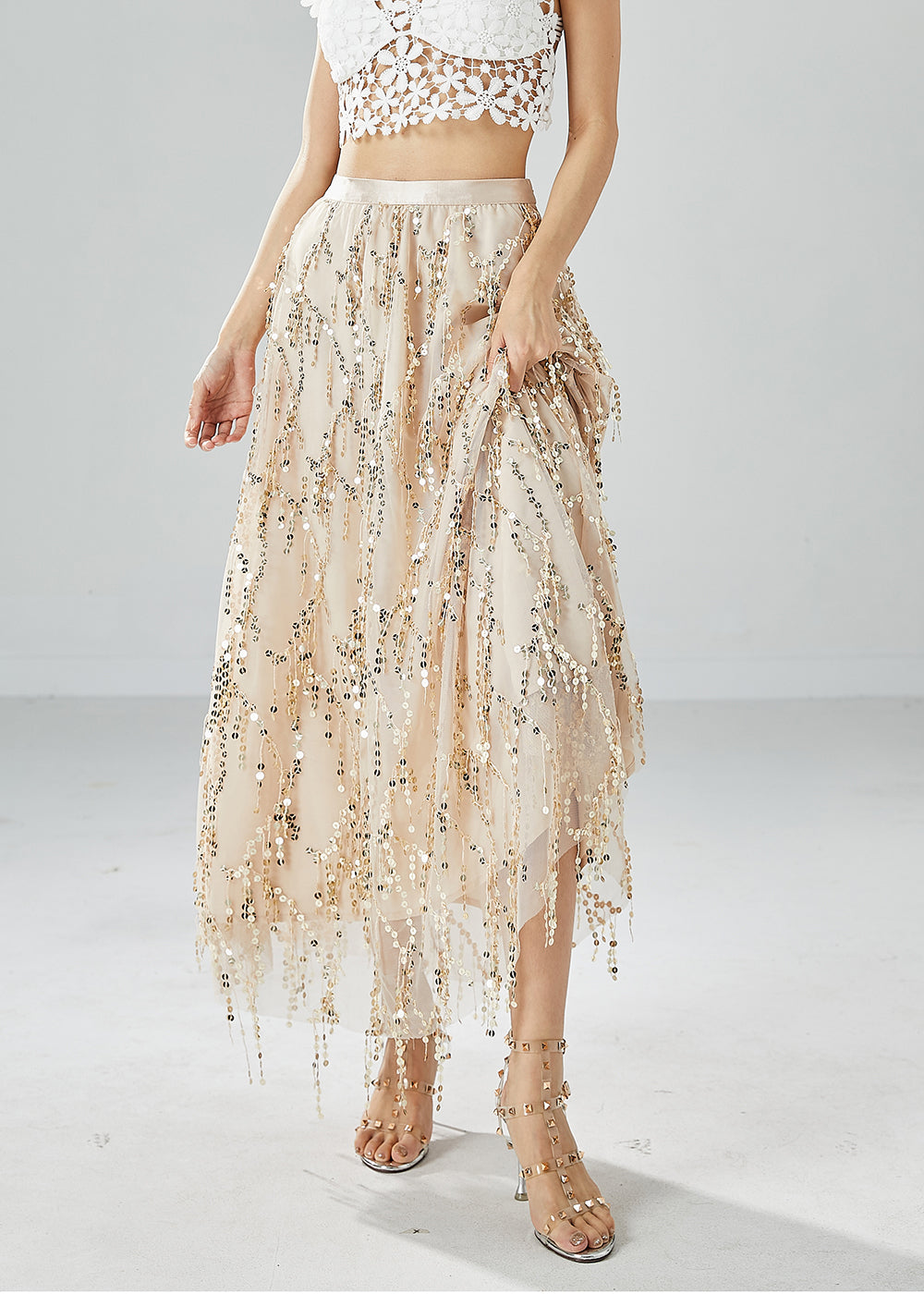 Modern Apricot Sequins Tassel Tulle Skirt Summer