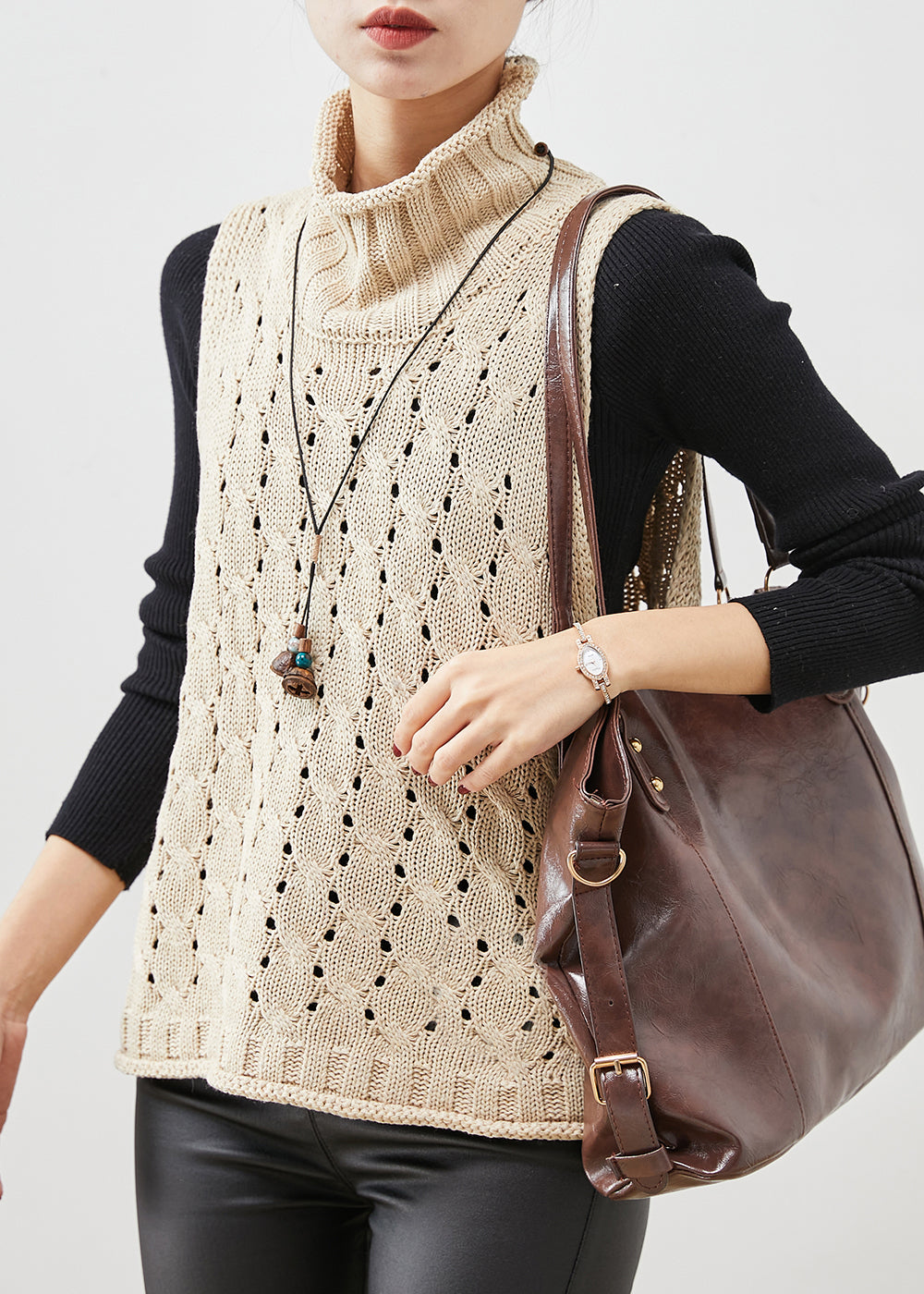 Modern Apricot Turtle Neck Hollow Out Knit Vests Spring