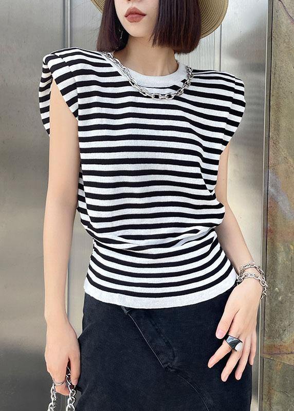 Modern Black Striped Summer Tee Short Sleeve Cold Shoulder