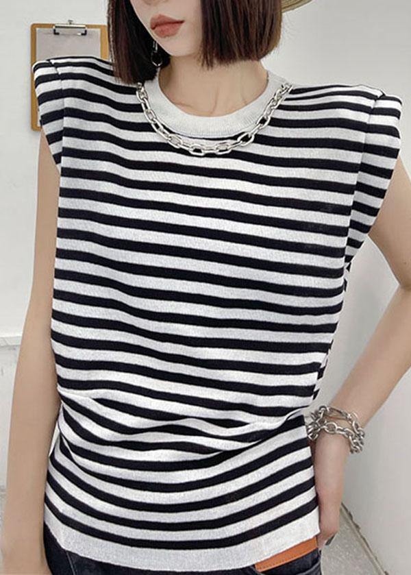 Modern Black Striped Summer Tee Short Sleeve Cold Shoulder