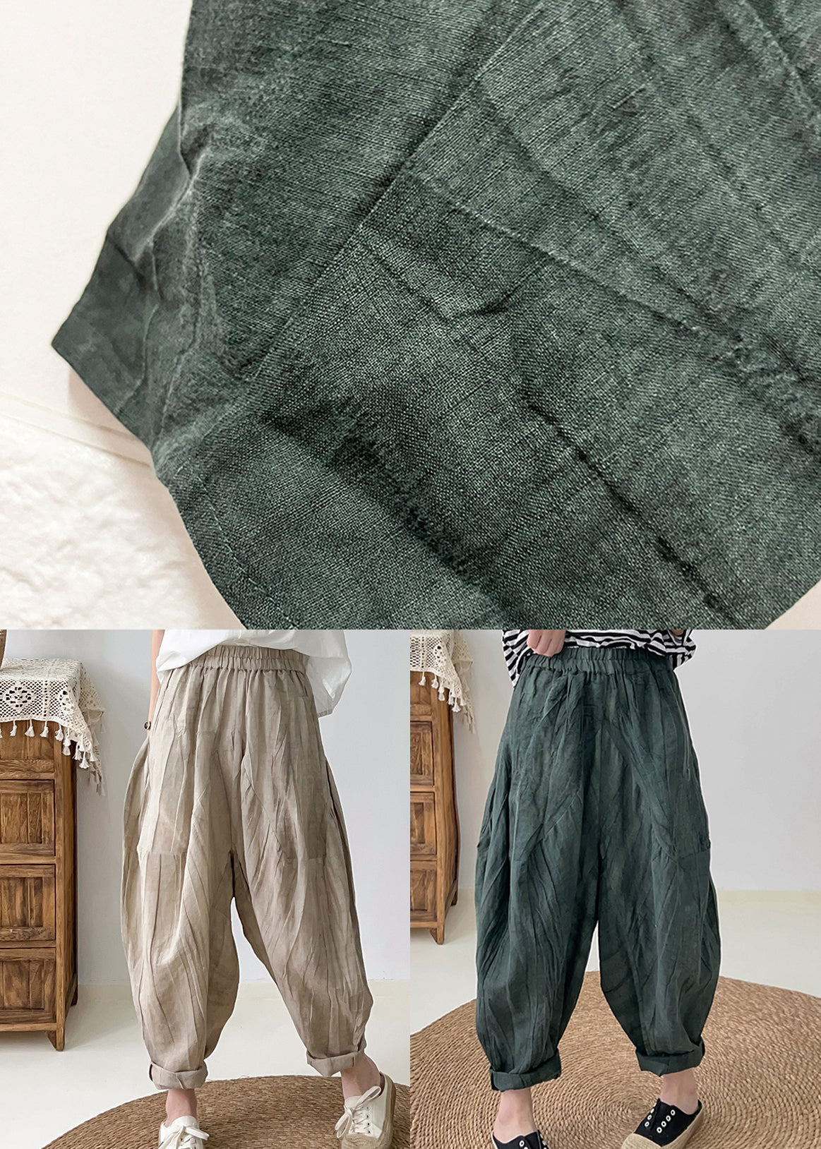 Modern Blackish Green Oversized Tie Dye Linen Pants Fall