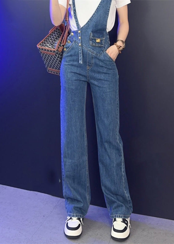 Modern Blue Asymmetrical Patchwork Button High Waist Denim Long Jumpsuits