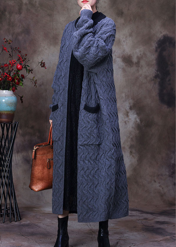 Modern Blue Button Pockets Loose Fall Knitwear Dress