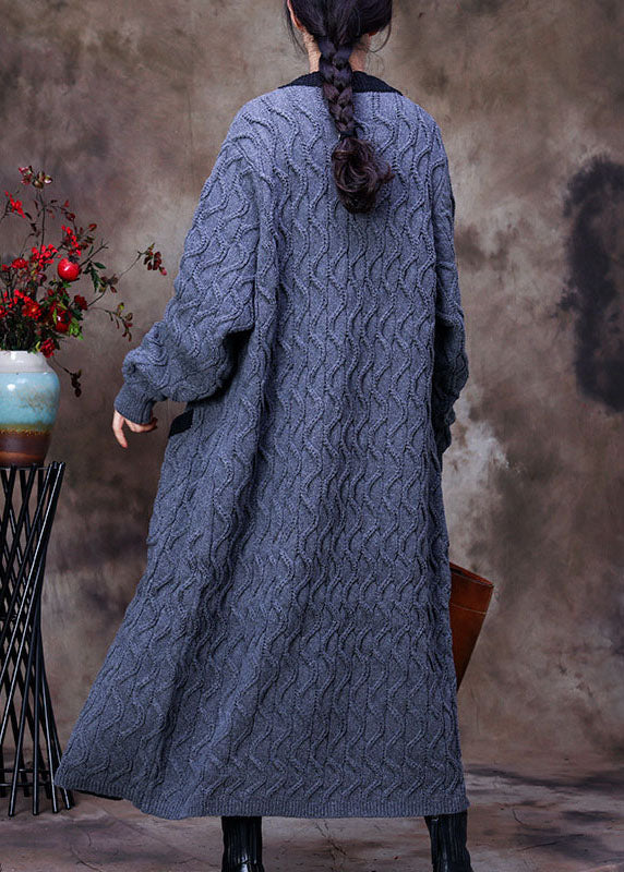 Modern Blue Button Pockets Loose Fall Knitwear Dress