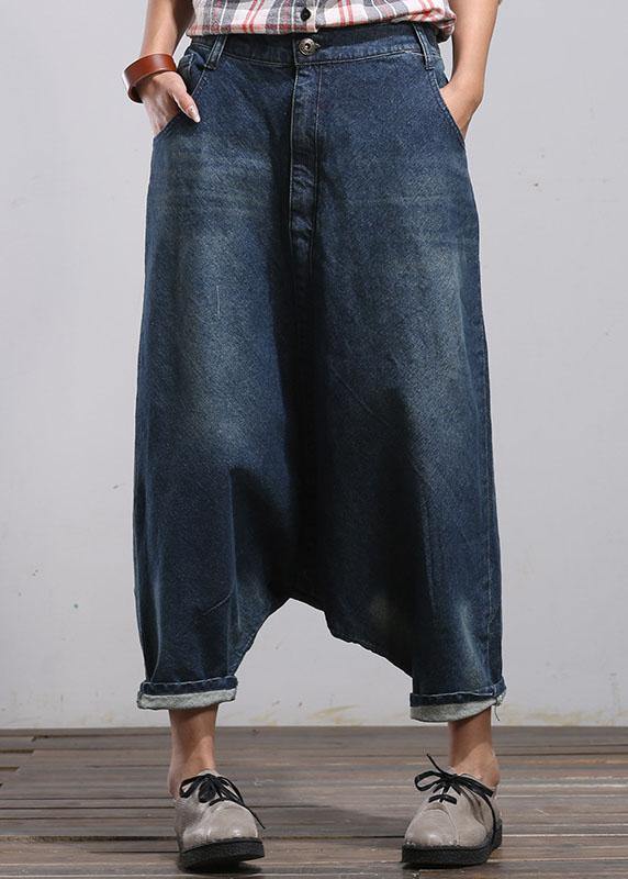 Modern Blue Casual Pockets Wrinkled Fall Harem Denim Pants